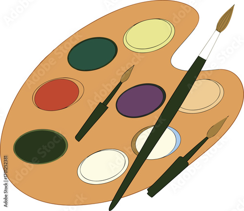 Artist's Wooden Paint Palette with Various Colors and Brushes painting EPS vector file download