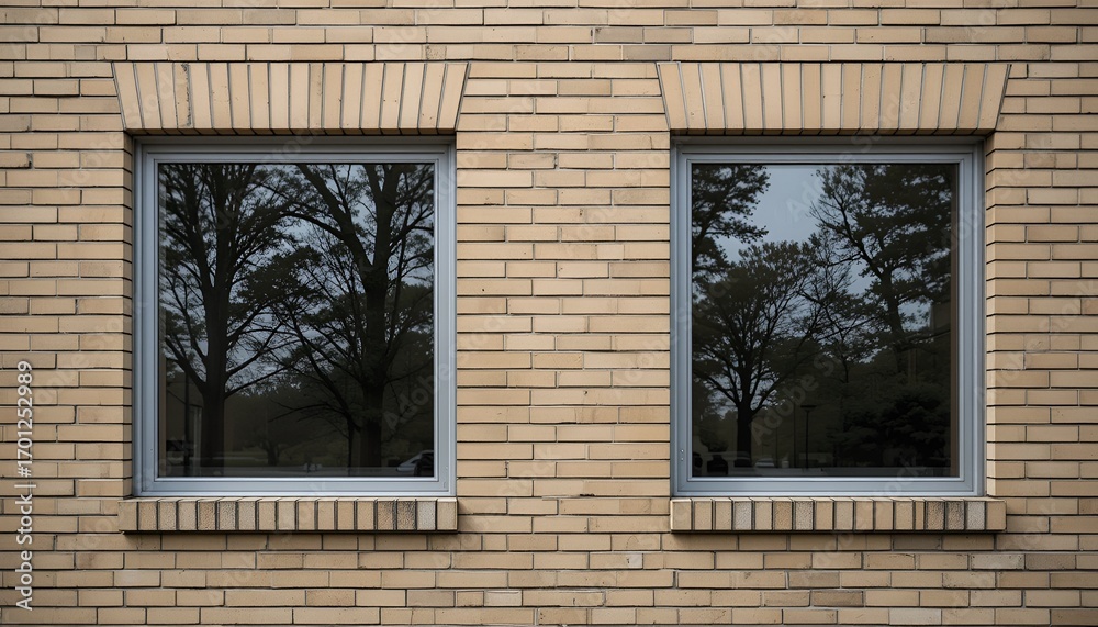 Fototapeta premium Two rectangular windows reflect trees in a tan brick wall, capturing stark contrasts and geometry.