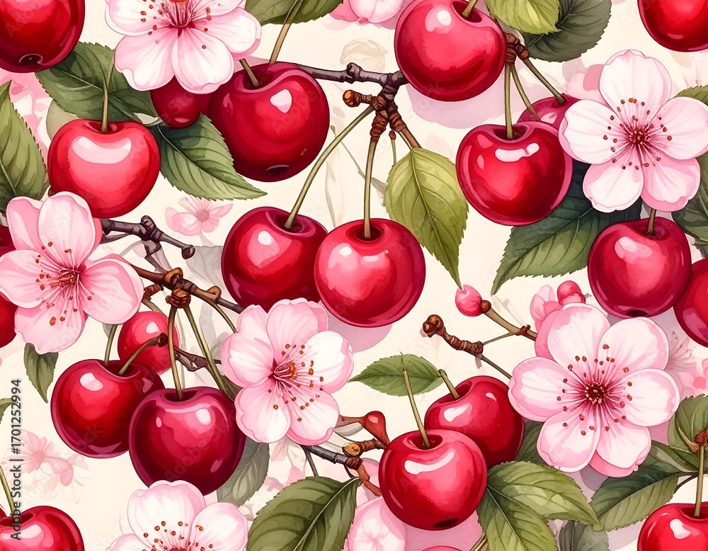 Cherries and blossoms seamless pattern