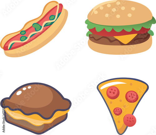 Four cartoon style fast food icons including a hot dog, hamburger, sandwich, and pizza slice EPS vector file download