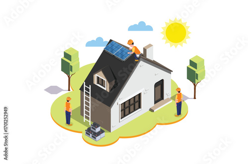 Modern isometric home service solar panel installation team. Suitable for Diagrams, Game Asset, And Other asset