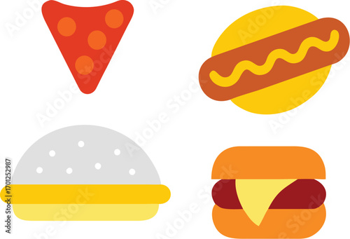 Four flat design fast food icons including nachos, hot dog, burger, and a bun EPS vector file download
