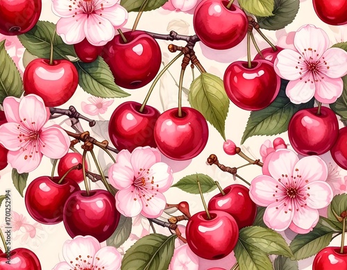 Cherries and blossoms seamless pattern
