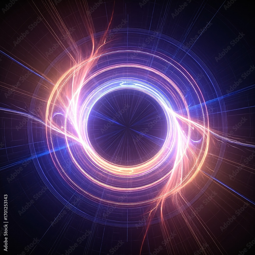 Obraz premium A vibrant blue and orange circular design featuring dynamic light streaks radiating outward, creating a sense of motion and energy in the composition.