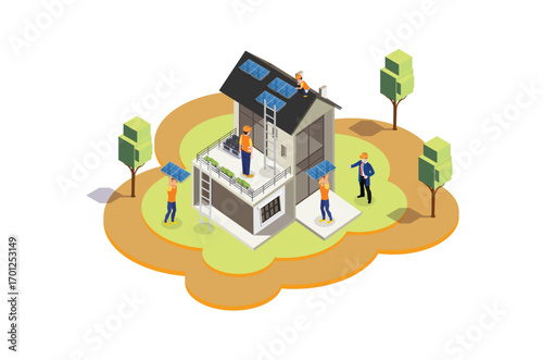 Modern isometric home service solar panel installation team. Suitable for Diagrams, Game Asset, And Other asset