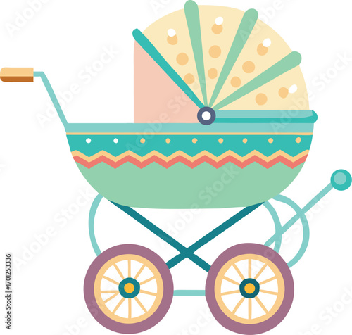 Mint Green Baby Stroller with Chevron Pattern and Pastel Colors on Transparent Background carriage pram EPS vector file download