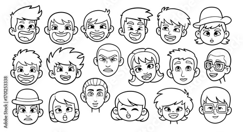 A diverse collection of black and white cartoon children's faces showcases a wide range of expressive emotions and unique personalities in a clean line art style