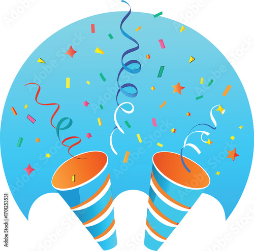 Party Poppers Exploding with Confetti and Streamers on Blue Background celebration EPS vector file download