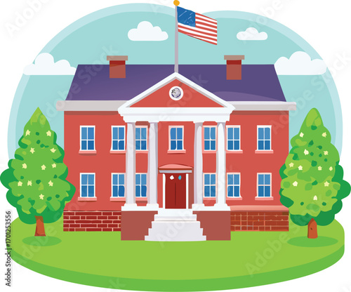 Red brick school building with white columns, windows, trees, and an American flag flying on a flagpole EPS vector file download