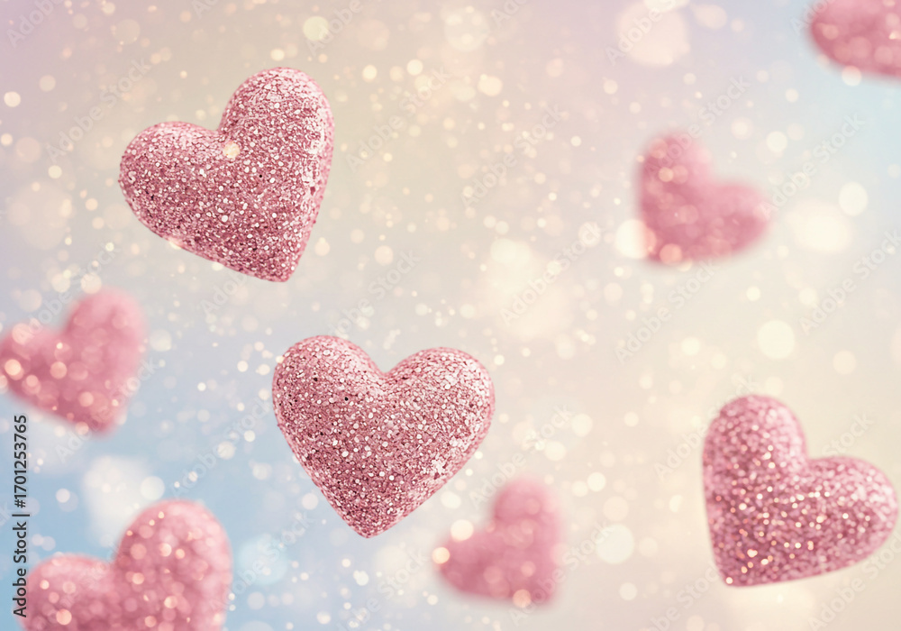 Obraz premium Elegant pink glitter hearts floating gently against a bokeh background for Valentine's Day designs