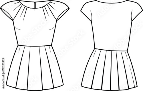 CAD flat vector illustration of women pleated dress with short sleeves, round neckline, fashion garment technical sketch front back view