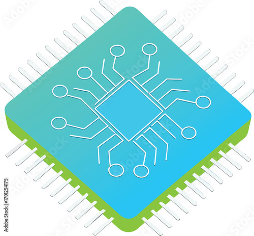 Stylized computer processor chip with circuit board connections and pins on a gradient background  EPS vector