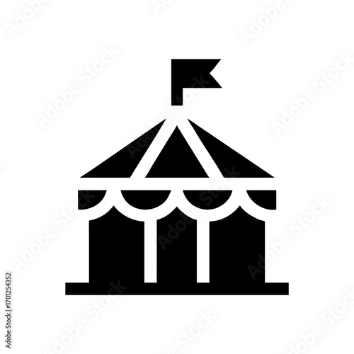 A flat black and white minimalist icon of a circus tent