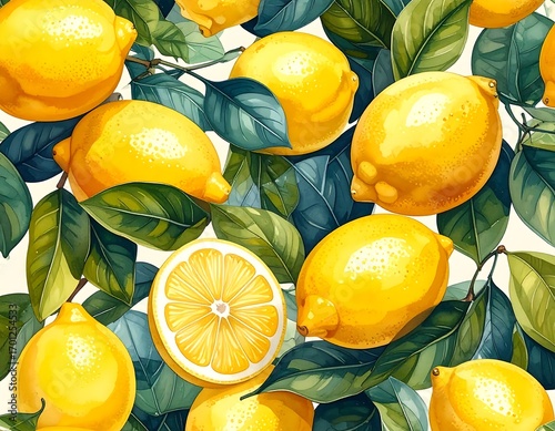 Colorful lemon pattern with leaves