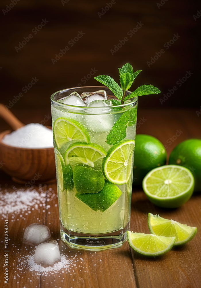 Fototapeta premium Caipirinha, a classic Brazilian drink made with brandy, crushed lemon, crystal sugar and ice.
