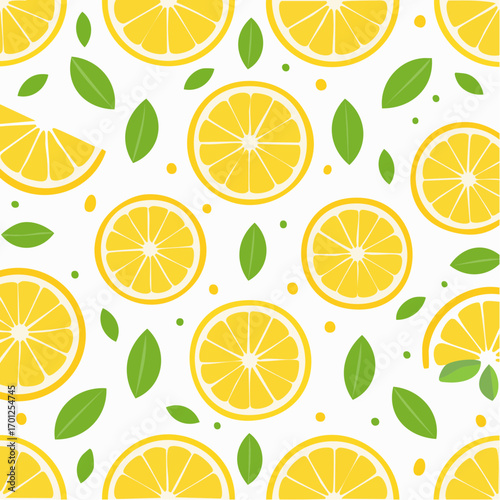 Bright Yellow Lemon Slices and Green Leaves Pattern on White Background