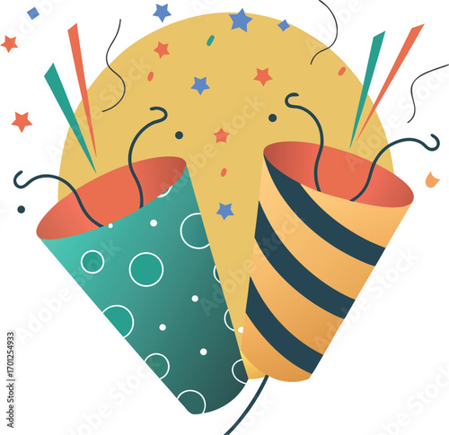 Two party poppers, one teal with white circles and one orange and yellow striped, exploding confetti and streamers against  EPS vector file download