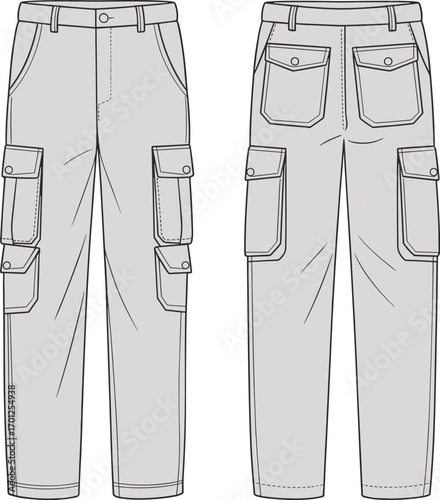 Cargo pants flat sketch front and back, fashion cad drawing, vector clothing template, unisex trouser design, utility wear apparel illustration