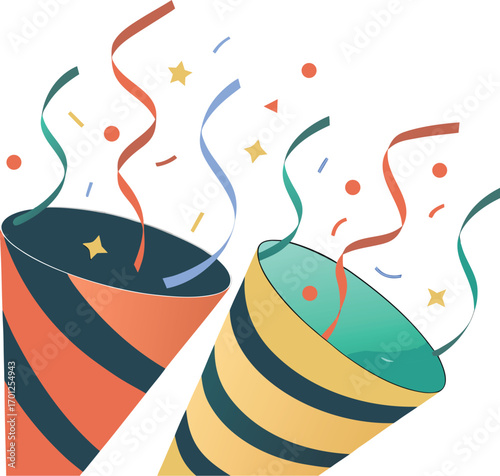Two Party Poppers Exploding with Stars and Confetti in Red, Teal, and Yellow  celebration  EPS vector file download
