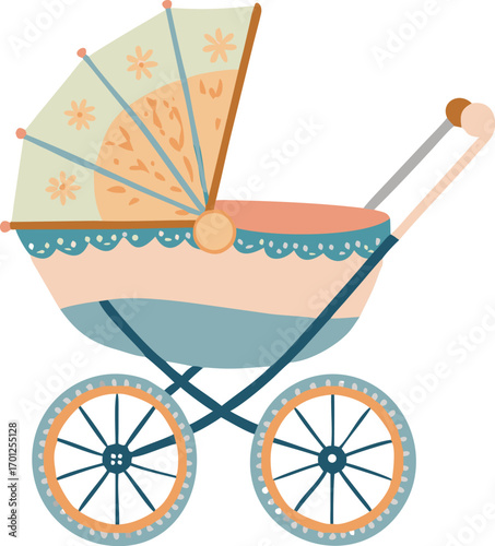 Vintage Baby Stroller with Canopy and Decorative Trim  carriage pram  EPS vector file download