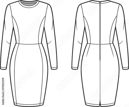 Elegant women’s bodycon dress flat, long sleeve fashion design, apparel template illustration, modern clothing sketch, stylish garment cad drawing, vector mockup