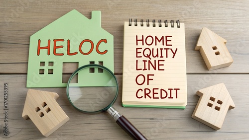 Green house cutout labeled HELOC with notebook and magnifying glass on wooden surface – Conceptual metaphor for home equity credit, financial analysis, and property-based lending strategy, business