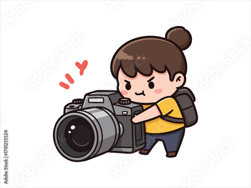 Cartoon illustration of a small person with a backpack holding a large camera.