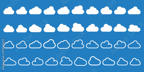 Cloud icons, cloud shapes. Different cloud sets. Collection of cloud icons, shapes, labels, and symbols. Vector graphic elements. Vector design elements for logos, web, and print.