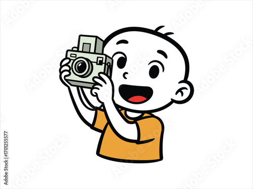 Cartoon child holding a camera, smiling happily, ready to take a picture.