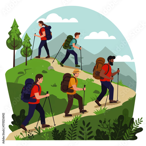 A group of five diverse hikers with backpacks and trekking poles ascend a grassy mountain trail on a sunny day, surrounded by trees and mountains.