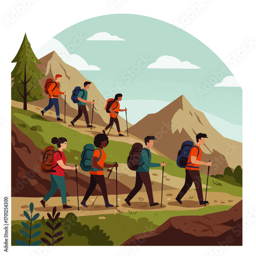 A group of diverse hikers with backpacks and walking sticks trek along a mountain trail, enjoying the scenic landscape under a partly cloudy sky.