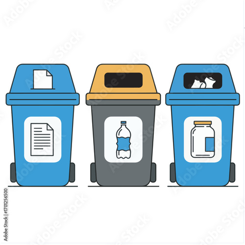 Set of three colorful recycling containers for waste segregation. Sorting paper, plastic, and glass for an eco-friendly waste management concept