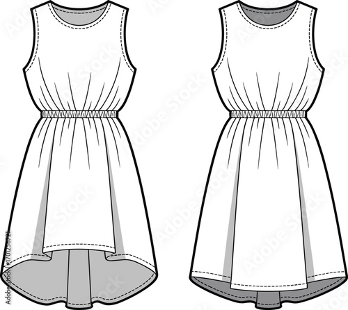 Fashion CAD drawing flat vector illustration of sleeveless dress, women’s apparel design template, garment technical sketch, clothing pattern front and back view