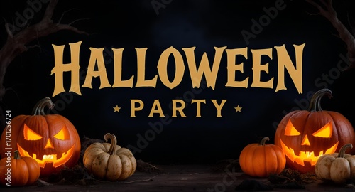 One spooky halloween pumpkin, Jack O Lantern, with an evil face and eyes on a wooden bench, table with a misty gray coastal night background with space for product placement.