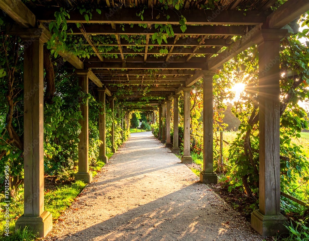 Obraz premium A sun-drenched walkway under a wooden pergola, filled with lush greenery, creates a serene and tranquil atmosphere.