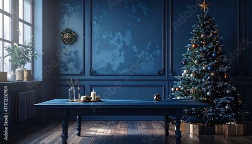 Wallpaper Mural Empty dark blue table in room of christmas tree with decoration background Torontodigital.ca