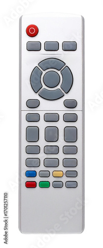 top view of grey tv remote control with rubber pad isolated on white background