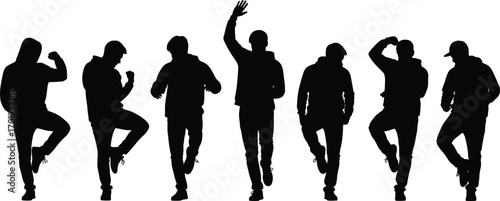 Dance silhouette vector set, expressive human poses, black figures in motion, energetic movement illustration, performing arts concept, isolated design elements, choreography icons