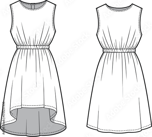 Fashion CAD drawing flat vector illustration of sleeveless high low dress, women’s apparel template, garment technical sketch, clothing pattern front and back