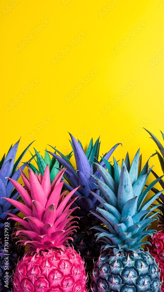 Obraz premium A vibrant stack of fresh pineapples, their golden-yellow skin glistening under soft light, showcasing the lush green spiky crowns atop each fruit.