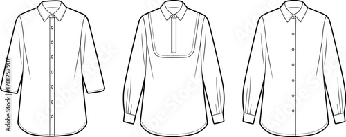 Fashion CAD drawing flat vector illustration of women’s shirts, blouse technical sketch, garment design template, clothing pattern front view
