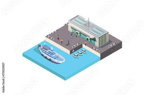 isometric port with sea transportation isolated on white background