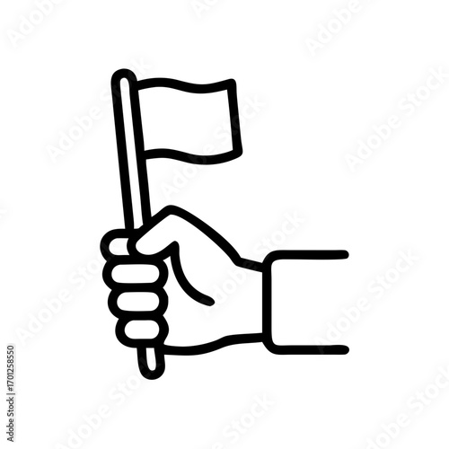 A hand holding a flag, a symbol of ambition and achievement. A simple design in black and white