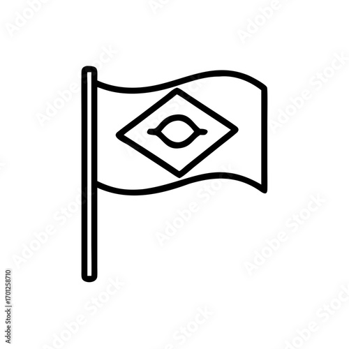 Brazilian flag with a black outline on white background. The flag is depicted waving on a pole.