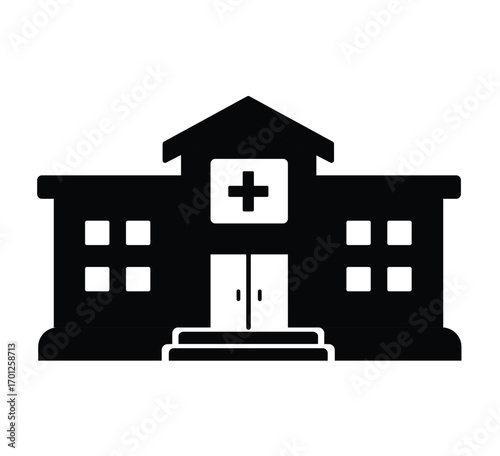 Black hospital building stencil icon silhouette with cross symbol on the roof, representing healthcare, emergency, clinic, doctor services, medical facility architecture, and public health care.