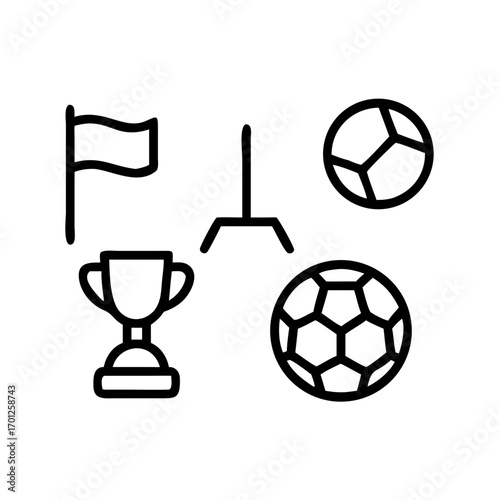 Illustration of soccer elements, including a ball, flag, goal post and trophy