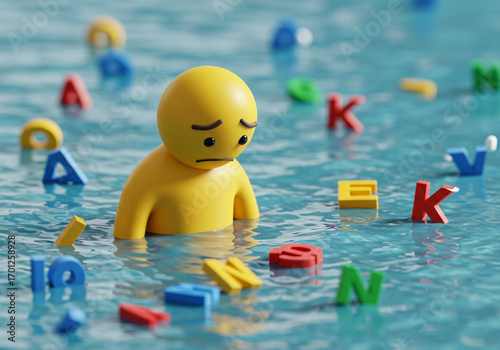 Sad yellow figure submerged in water surrounded by floating alphabet letters, conveying overwhelm