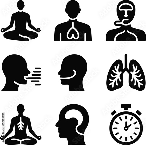 Art & IllustrationBreathing exercise icons, meditation and respiratory health, lungs and brain function, wellness illustration set for healthcare, yoga, mindfulness, therapy.