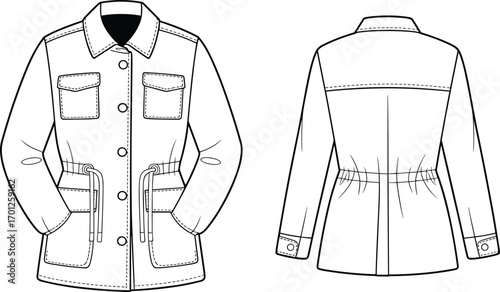 Jacket vector illustration, front and back view, fashion clothing template, stylish outerwear design, garment outline, apparel mockup, cad flat fashion drawing