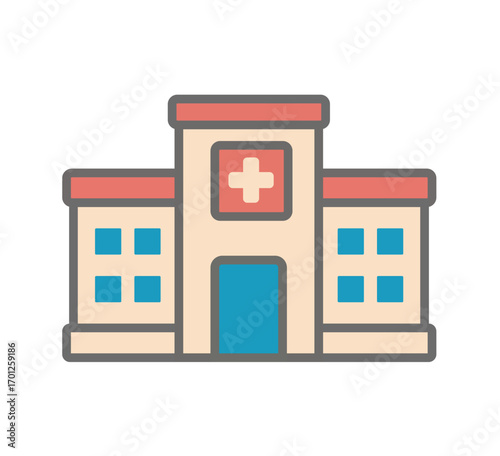 Flat vector illustration of a modern hospital building with red cross symbol, representing healthcare, medical center, clinic, and emergency treatment facility for patients in urban environments.